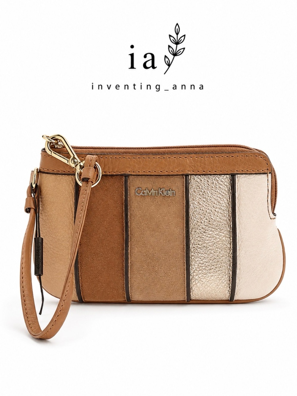 Multi-Tone Neutrals Tan and Metallic Panel Pebble & Suede Leather Wristlet